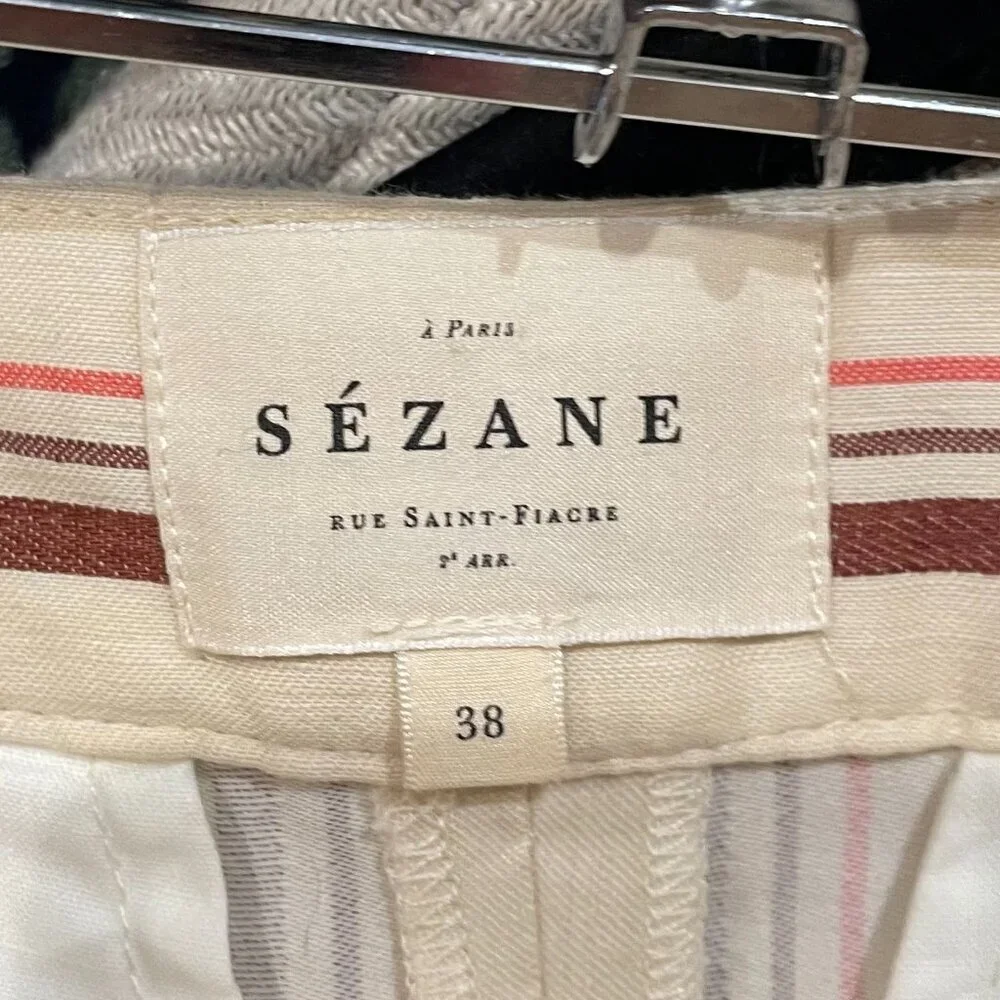 EUC Sezane Matheo Striped Linen Cotton Wide Leg Pant Ecru Brown 38, 6
